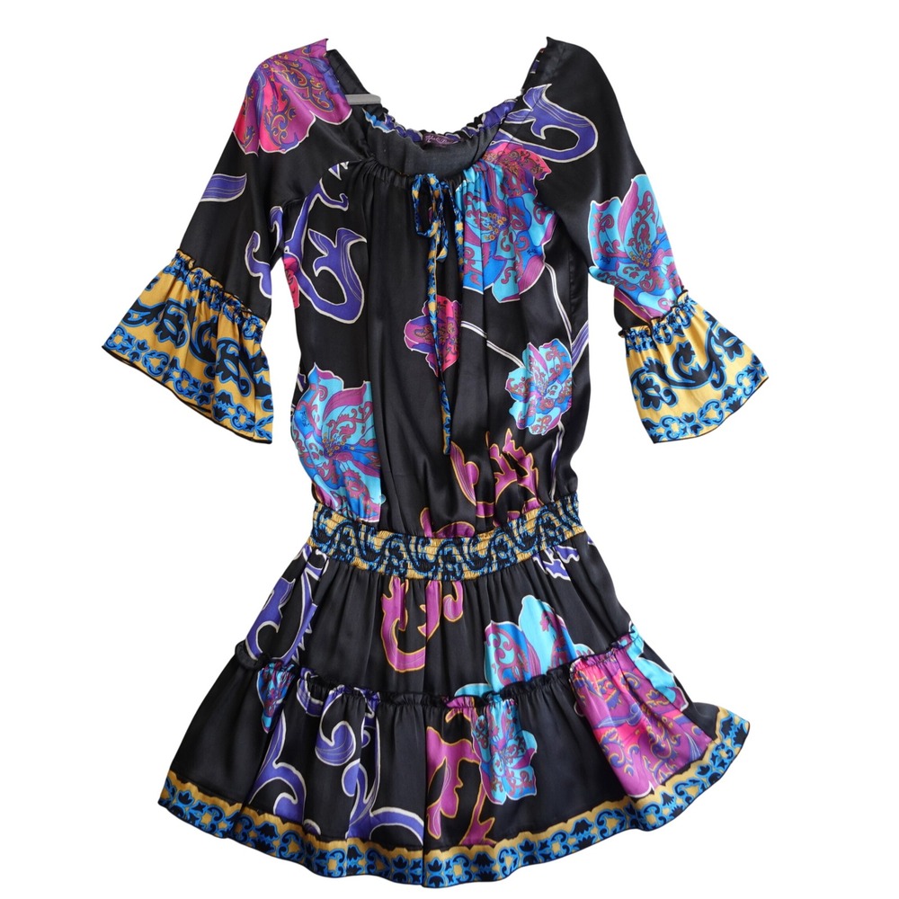 Vintage Y2K Hale Bob Mini Dress Womens S Black Pink Silk Floral Bell Sleeve Boho